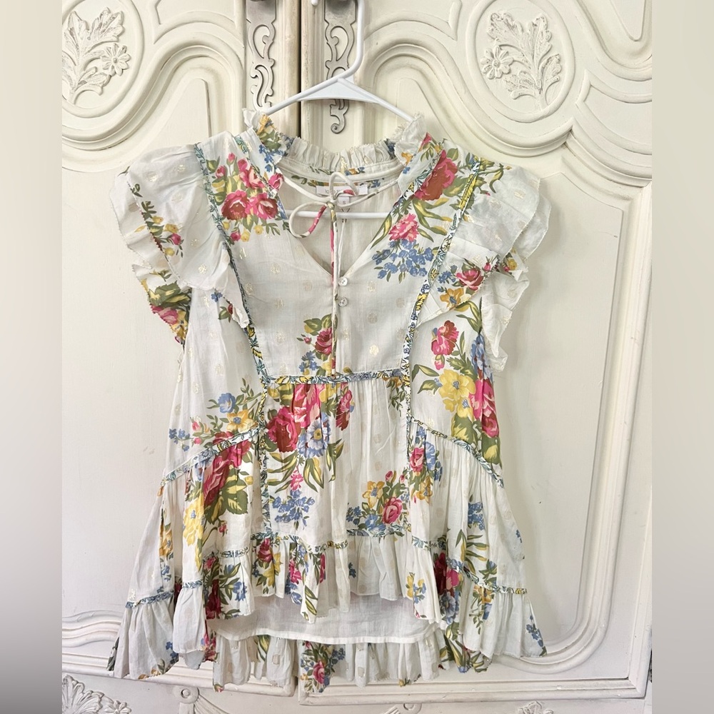 Floral Ruffle Blouse - White and Pink